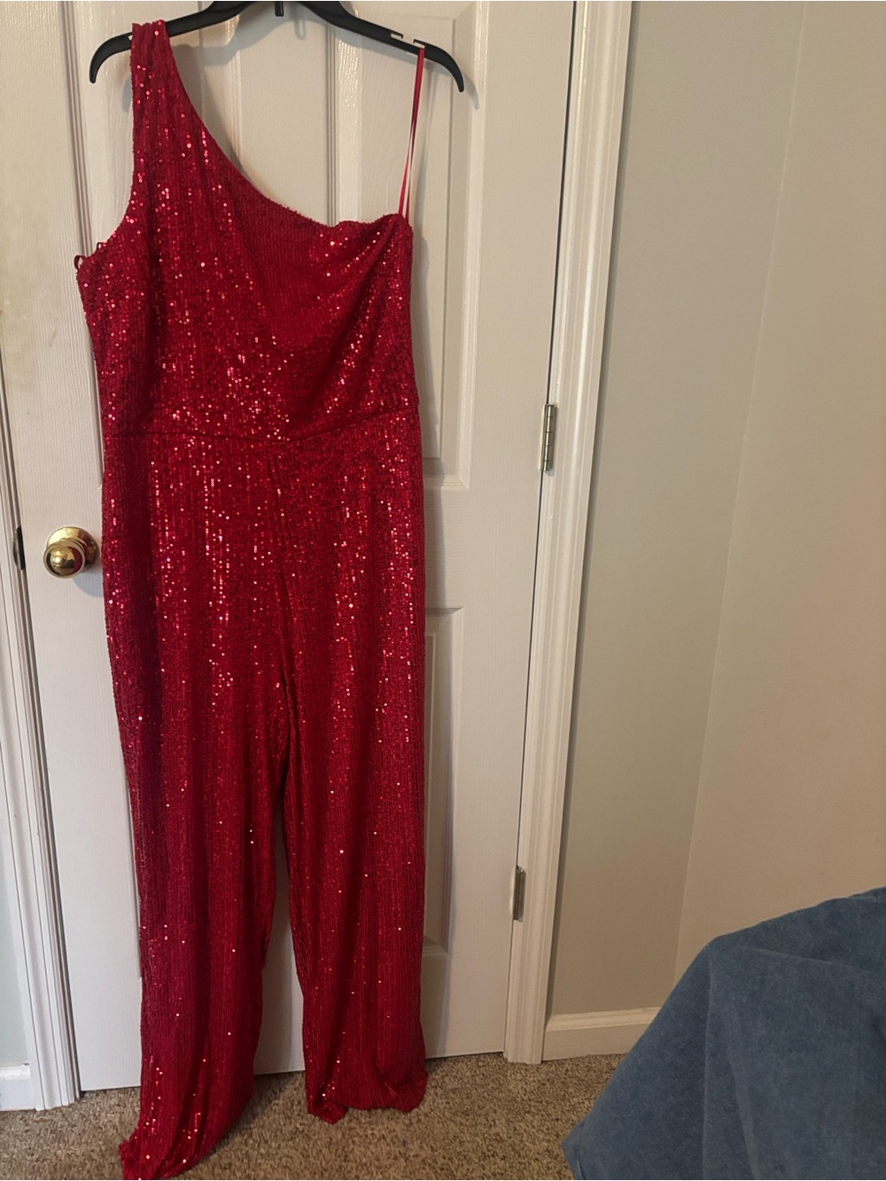 Red Sequin One-Shoulder Jumpsuit with Draped Bodice